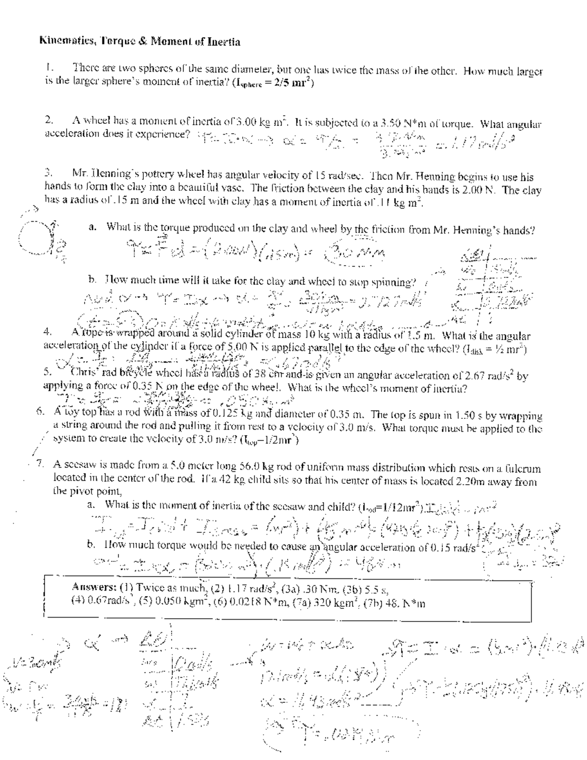 Kinematics torque and moment of inertia key 2 - Studocu