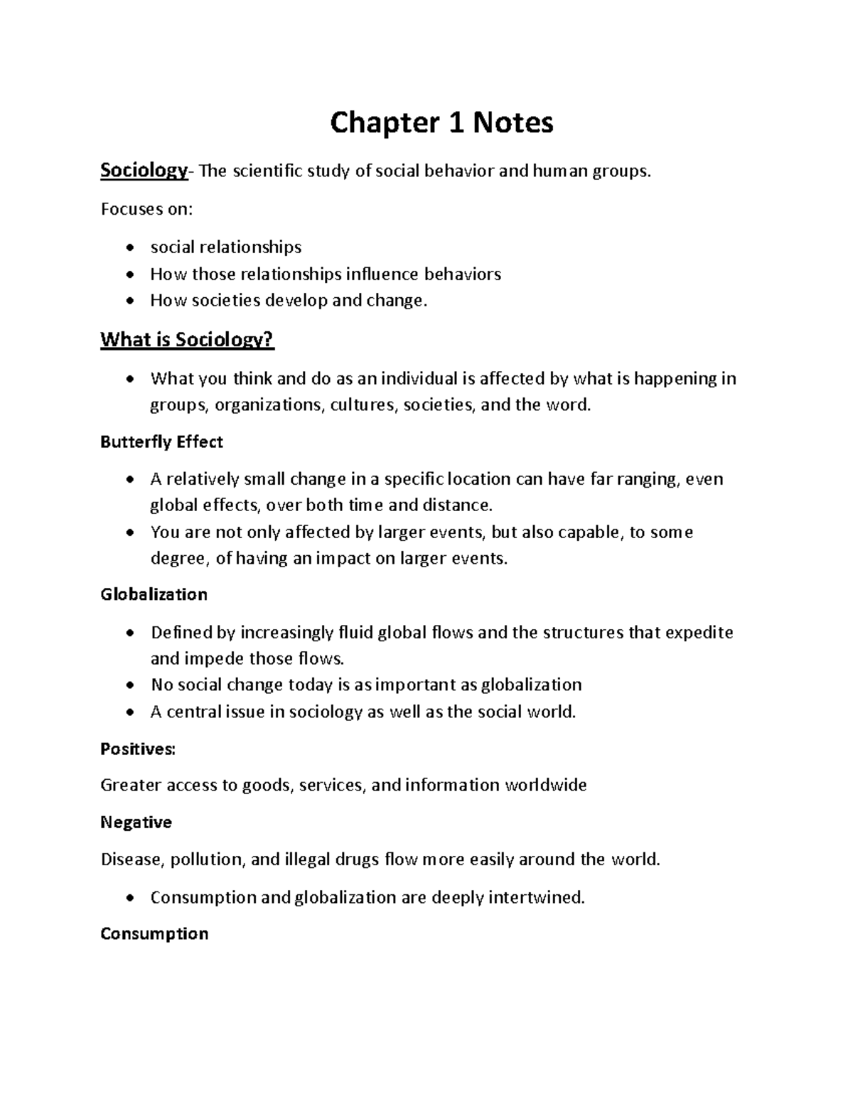 Chapter 1 Notes - Chapter 1 Notes Sociology- The Scientific Study Of ...