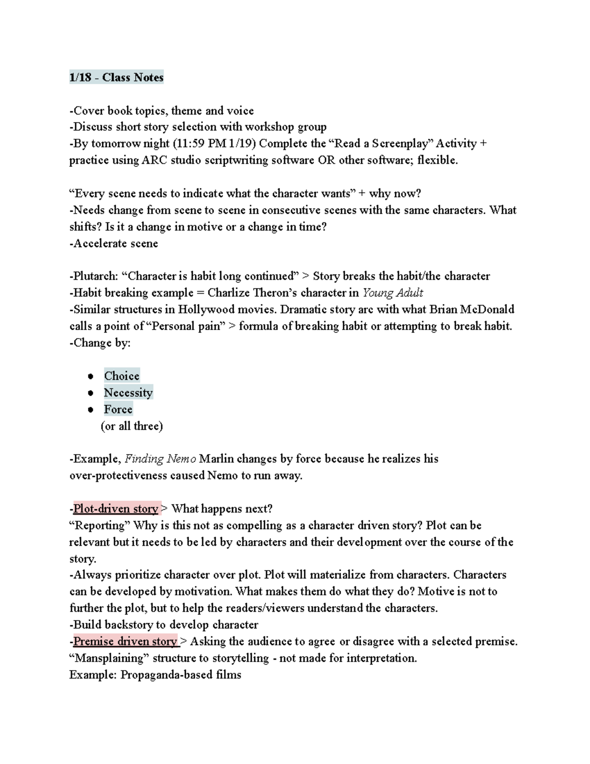 Screenwriting Notes Part 1 1/18 Class Notes Cover book topics