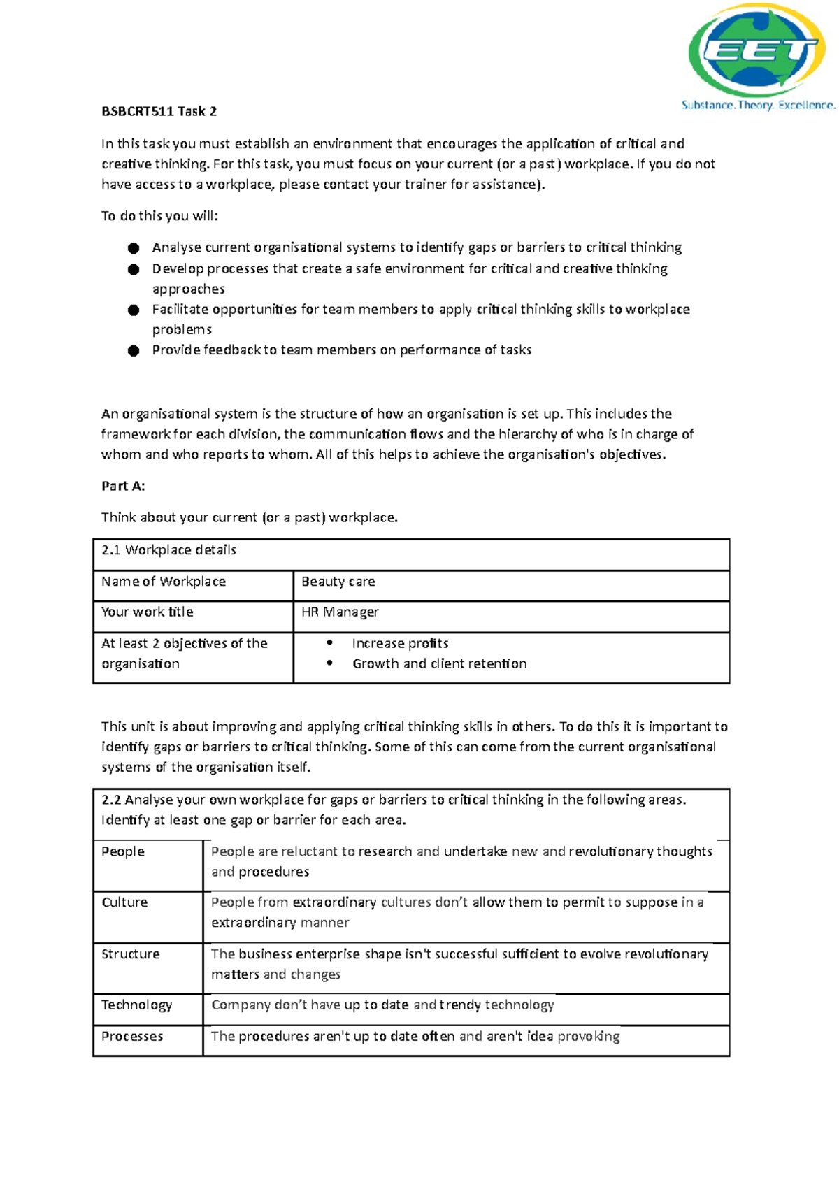 Bsbcrt 511 Task II student assesment - BSBCRT511 Task 2 In this task ...