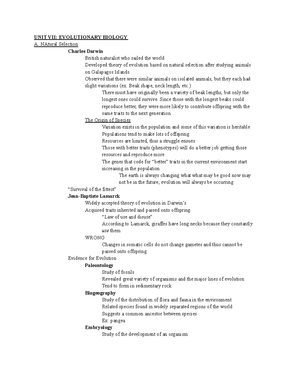 Bio 3 - notes - UNIT VII: EVOLUTIONARY BIOLOGY A. NAtural Selection ...