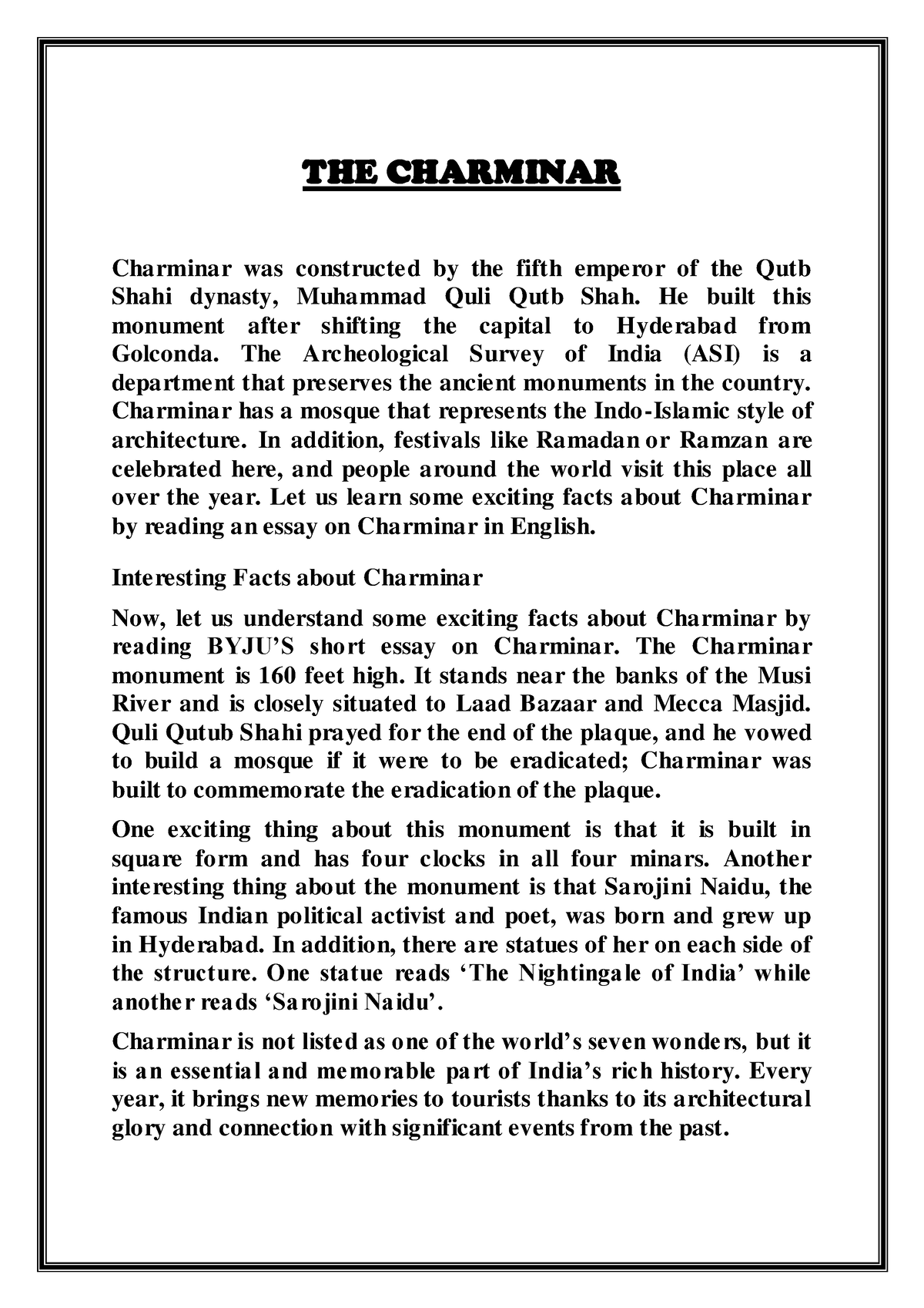 essay on charminar in kannada language