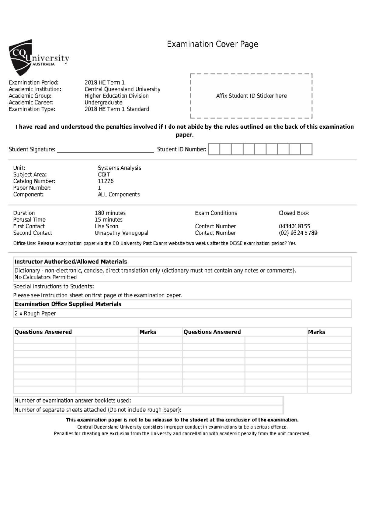 Exam 3 January 2018, questions and answers - Examination Cover Page ...