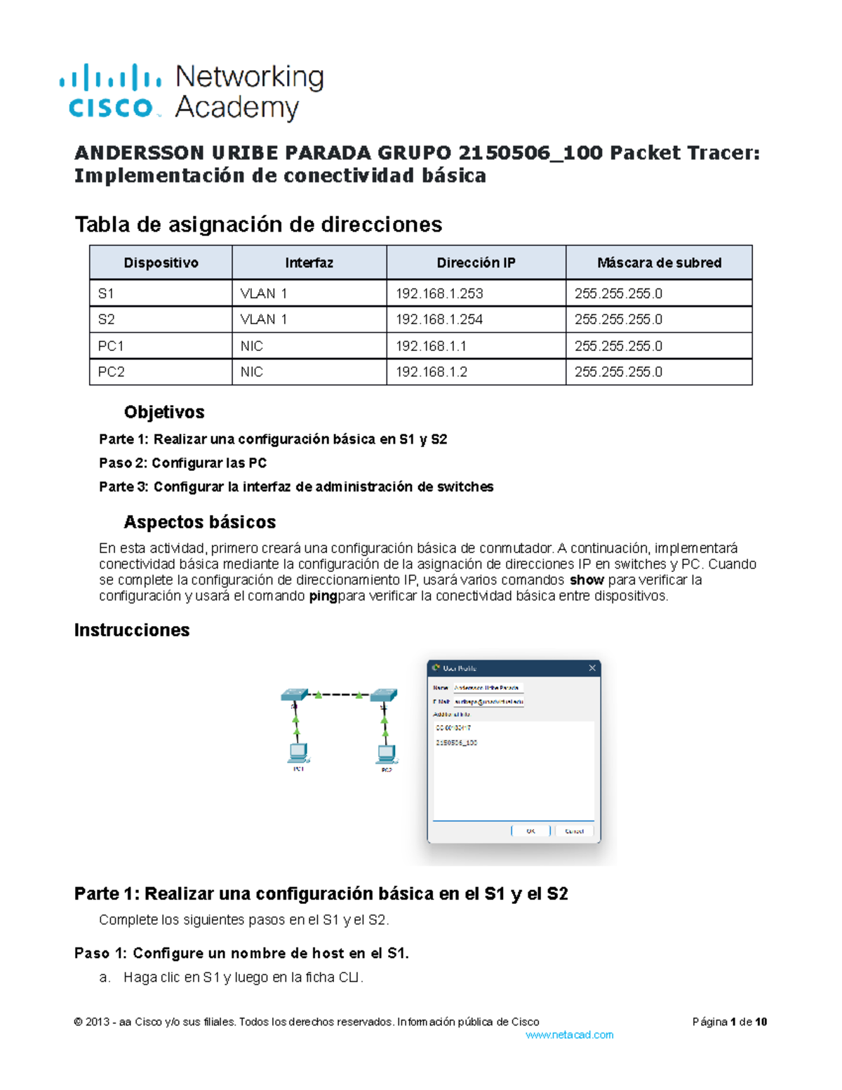 Andersson uribe 2 7 6 packet tracer implement basic connectivity