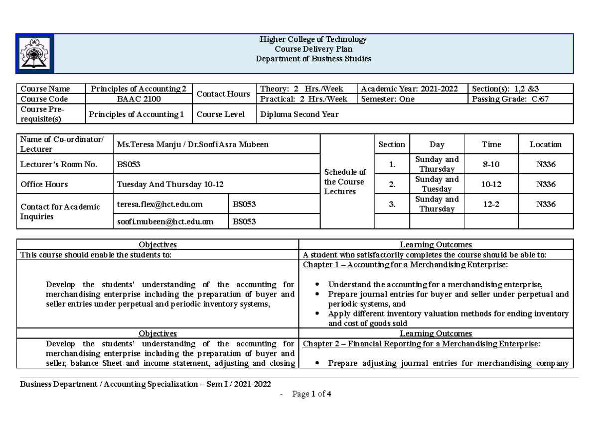 Sem 1 Delivery Plan Principles of Accounting 2 - Higher College of ...