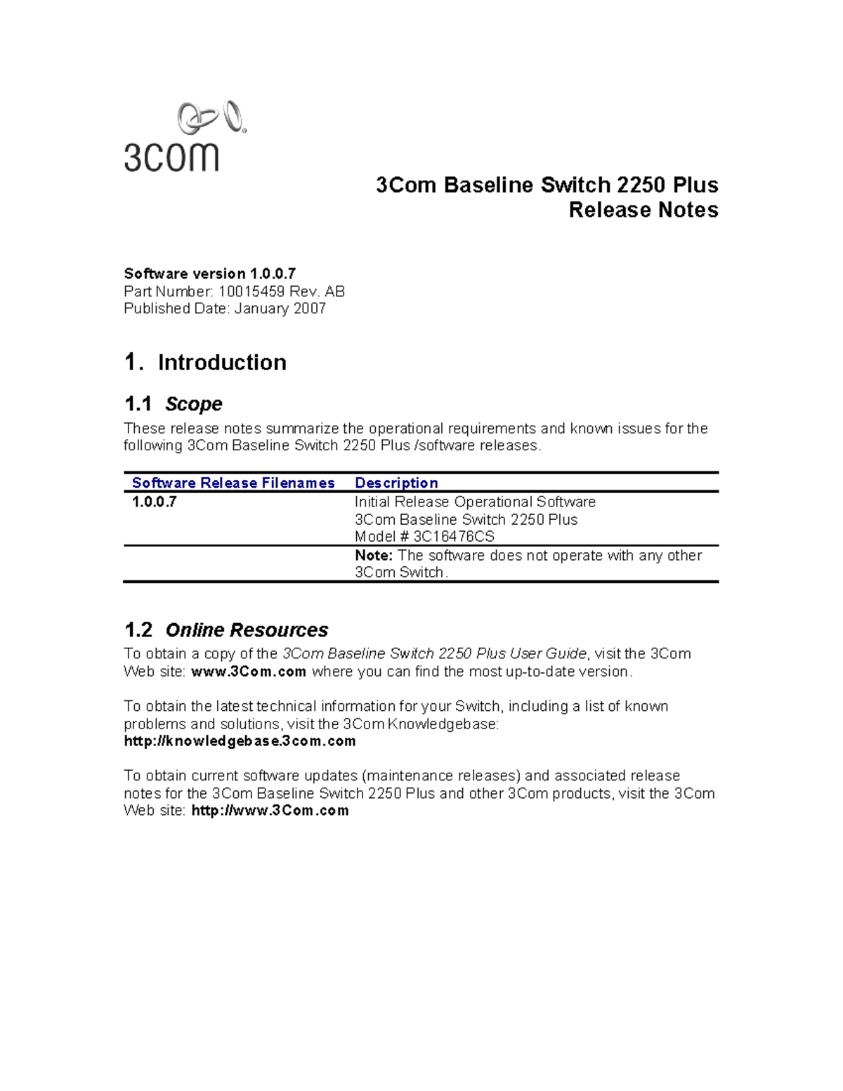 3Com Baseline Switch 2250 Plus Release Notes Software version 1.0 - 0 ...