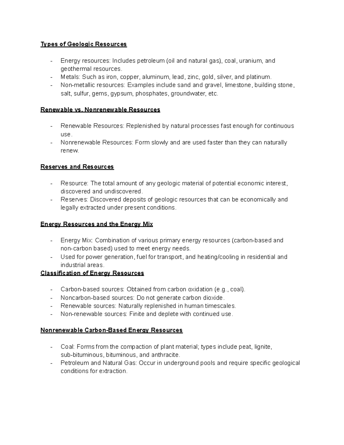 Renewable Resources Types of Geologic Resources Energy resources