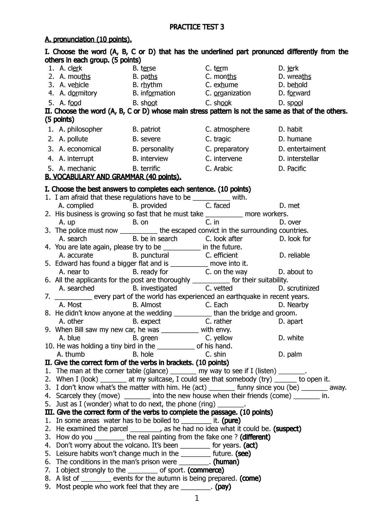 Practice TEST 3 - PRACTICE TEST 3 A. Pronunciation (10 Points). I ...