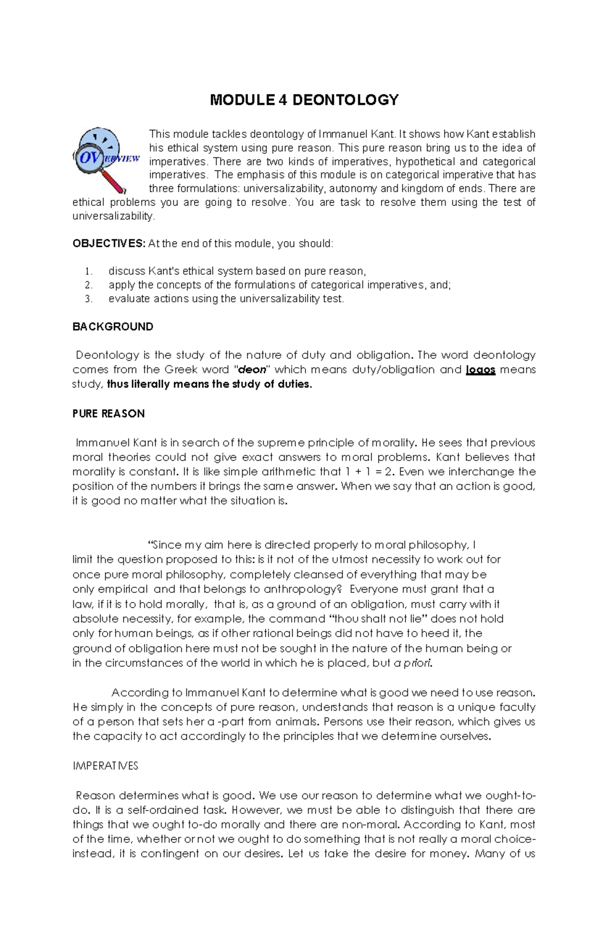 Ethics - MODULE 4 DEONTOLOGY This module tackles deontology of Immanuel ...