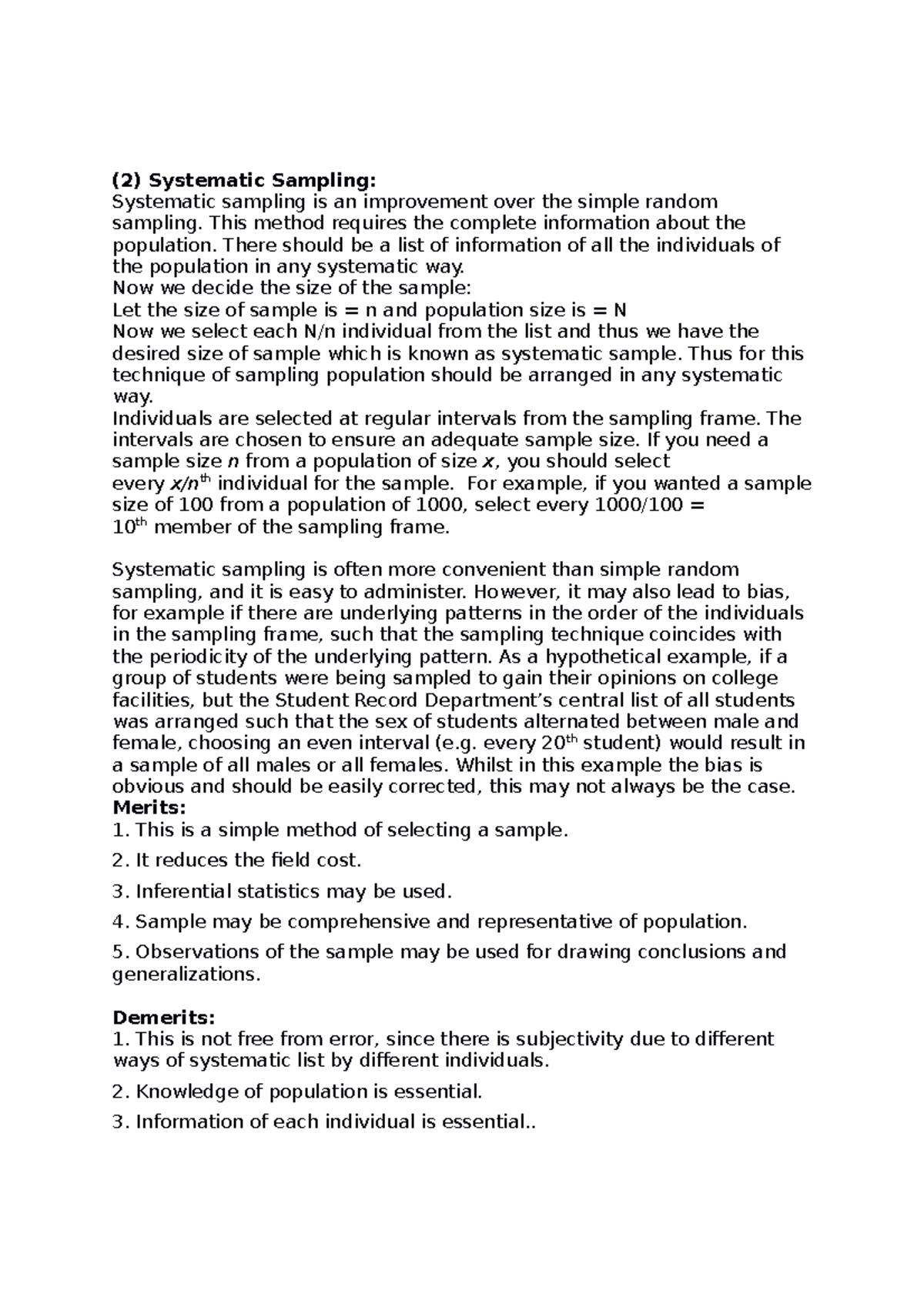 Sampling Continuation - (2) Systematic Sampling: Systematic sampling is ...
