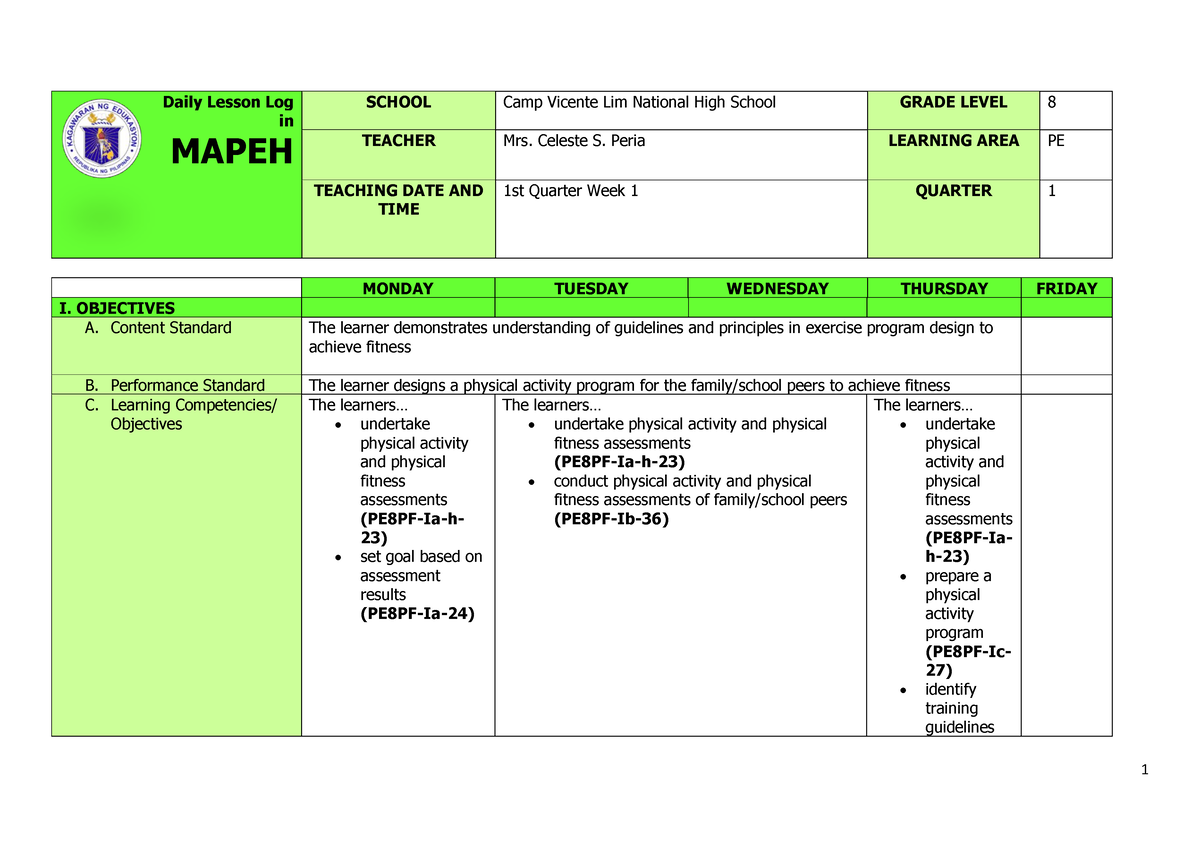 Q1 Grade 8 PE DLL Week 1 - DLL - MONDAY TUESDAY WEDNESDAY THURSDAY ...