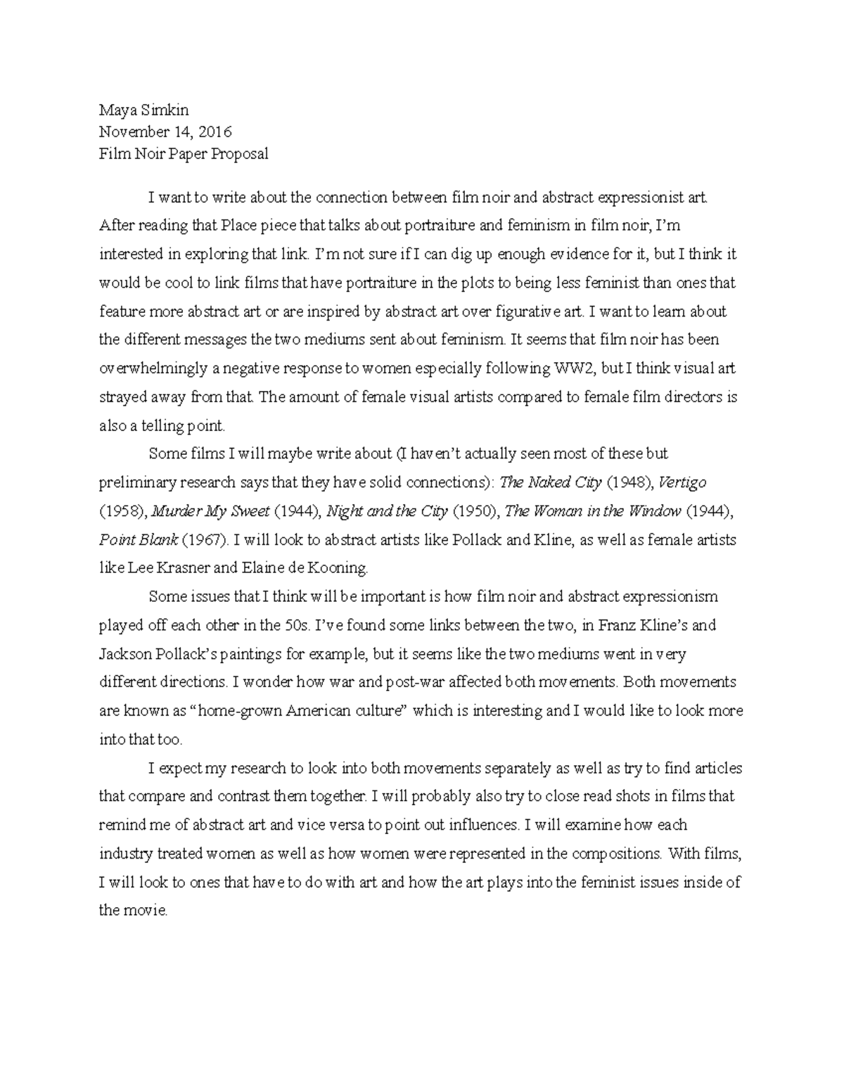 Film Noir Paper Proposal - Maya Simkin November 14, 2016 Film Noir ...
