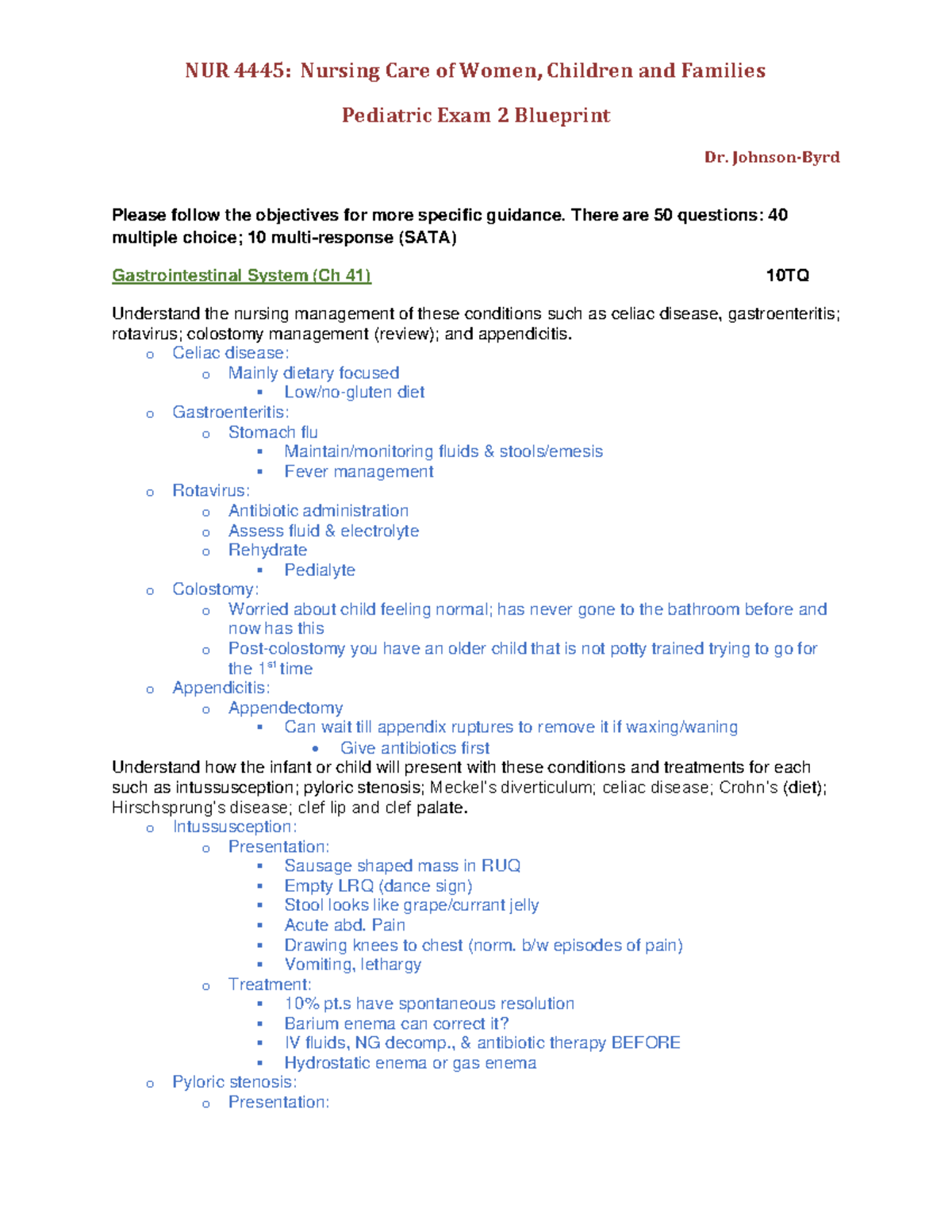 Blueprint Exam 2 Fall 2023 - Pediatric Exam 2 Blueprint Dr. Johnson ...