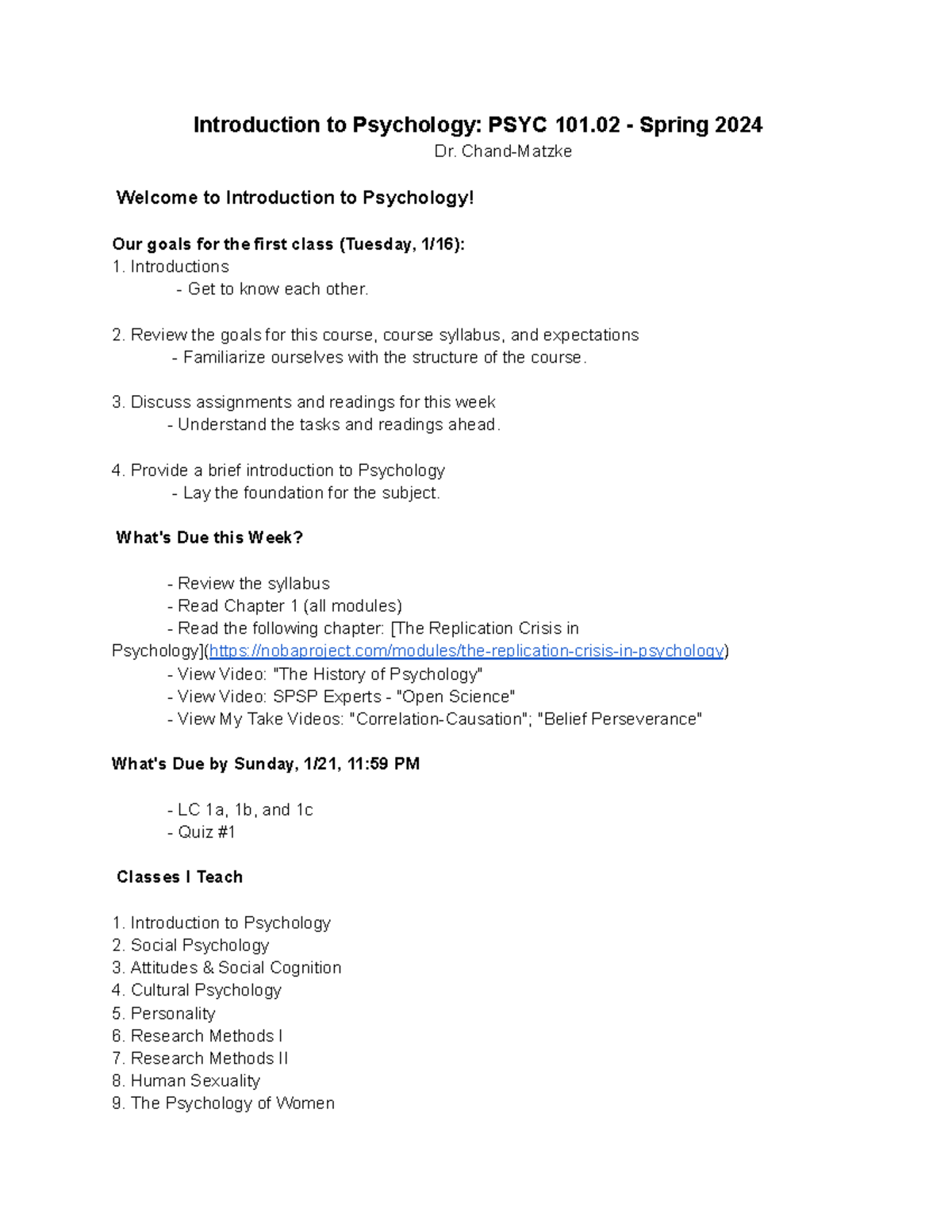 Introduction to Psychology PSYC 101 - Chand-Matzke Welcome to ...