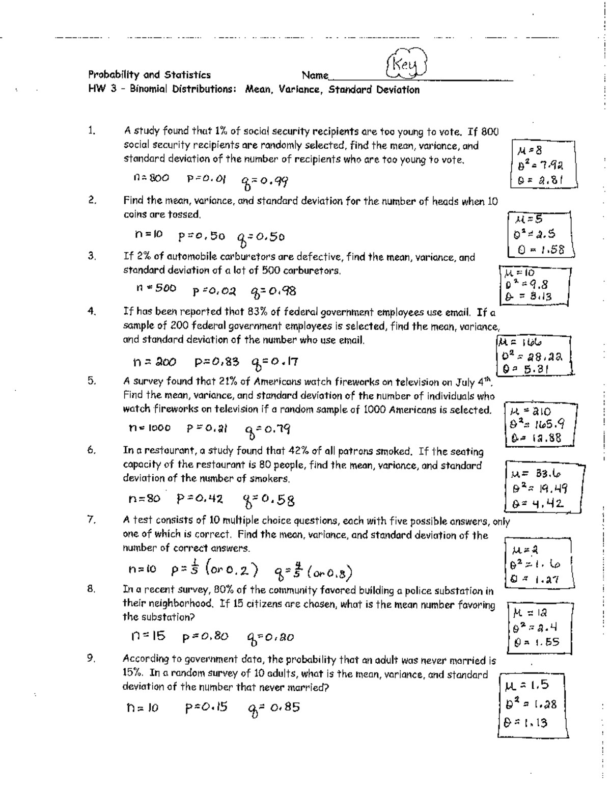 HW3 KEY - Mean Variance St Dev of a Binomial - Advanced Statistics ...