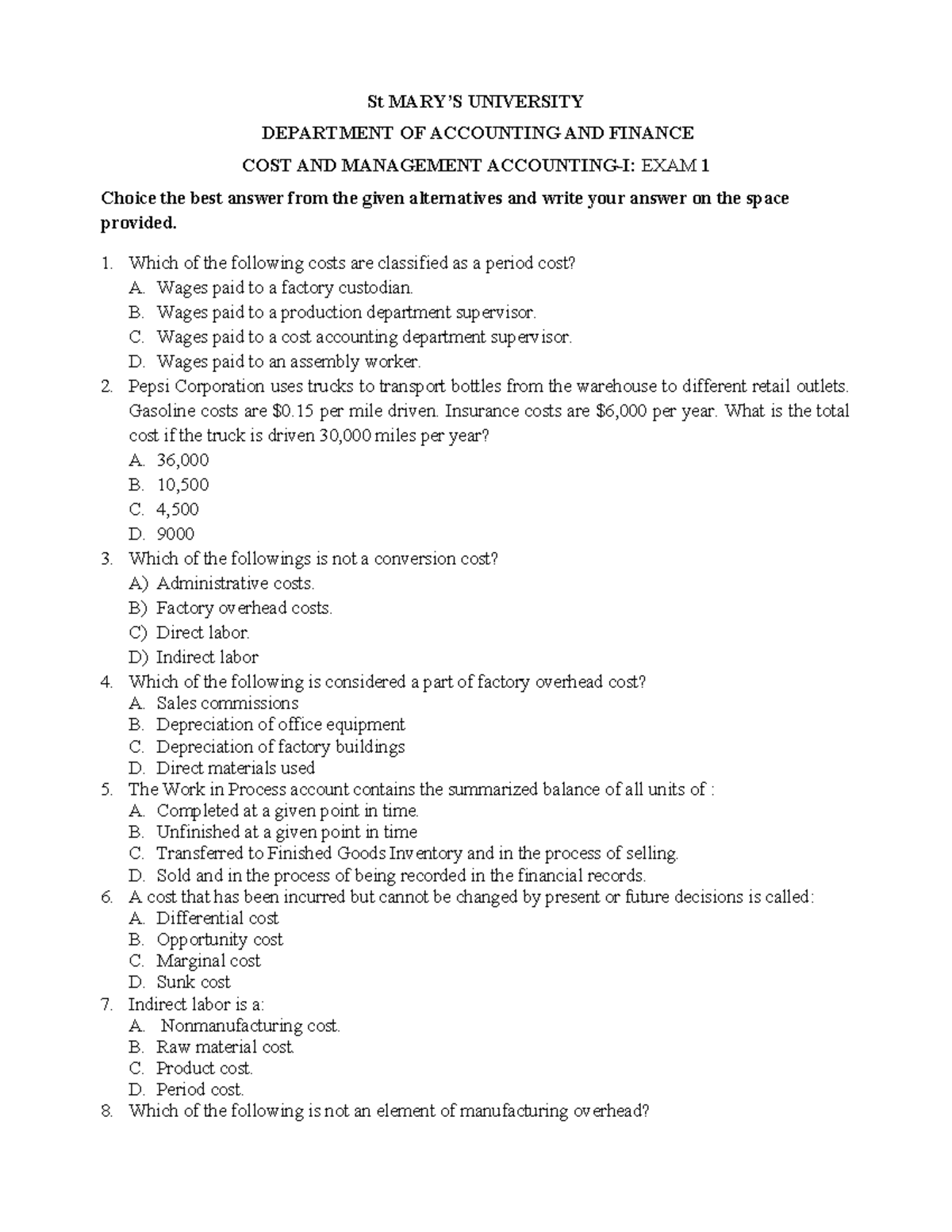 Cost Exam A - Questions - St MARY’S UNIVERSITY DEPARTMENT OF ACCOUNTING ...