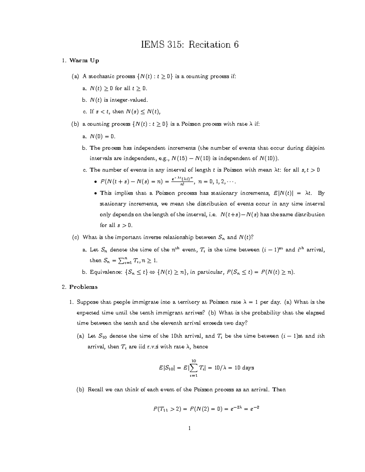 IEMS 315: Recitation 6 - Stochastic Processes And Poisson Processes ...