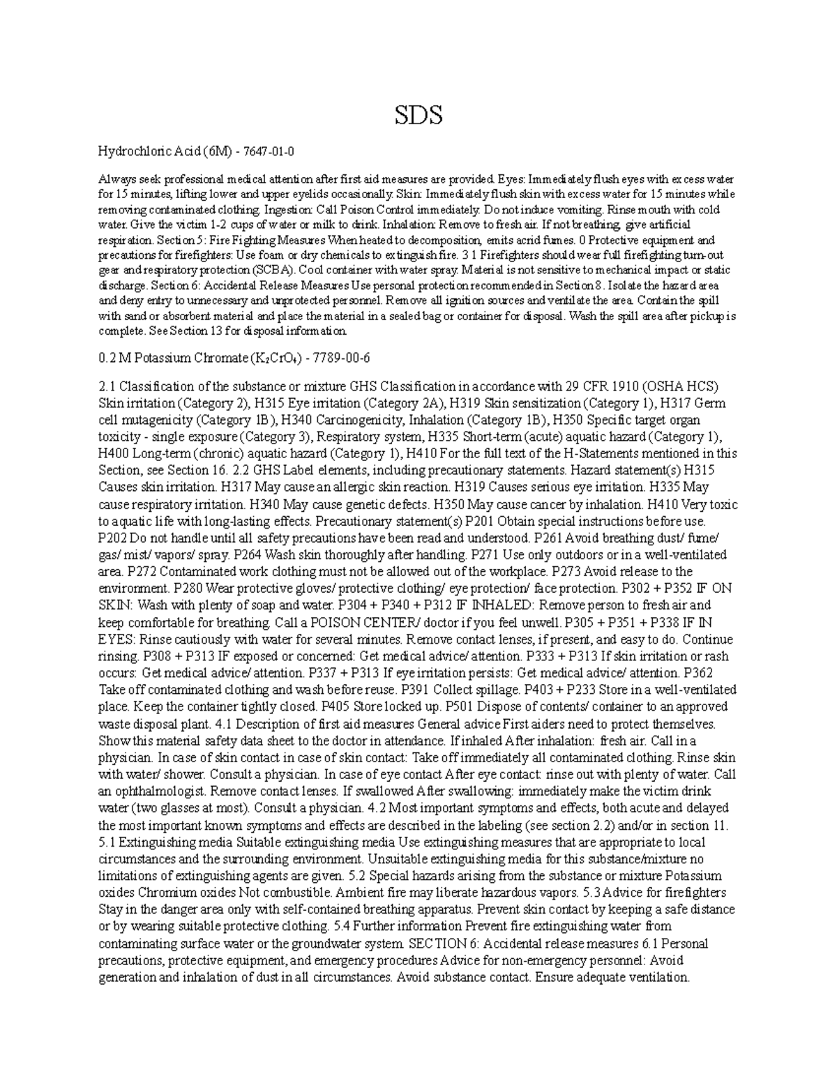 SDS week 8 - sds - SDS Hydrochloric Acid (6M) - 7647-01- Always seek ...