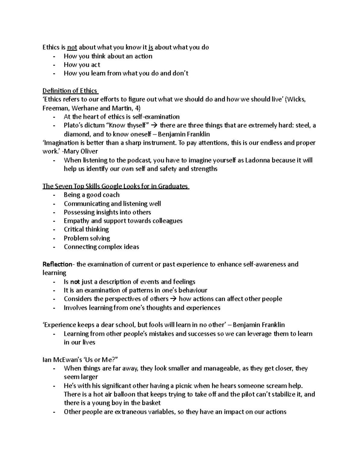 Lecture 1 - notes - Ethics is not about what you know it is about what ...