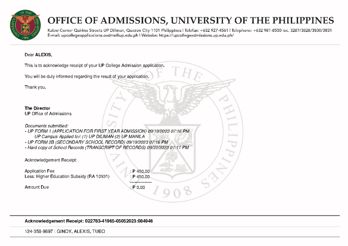 Upcat 2024 AR 1243589897 - Dear ALEXIS, This Is To Acknowledge Receipt ...