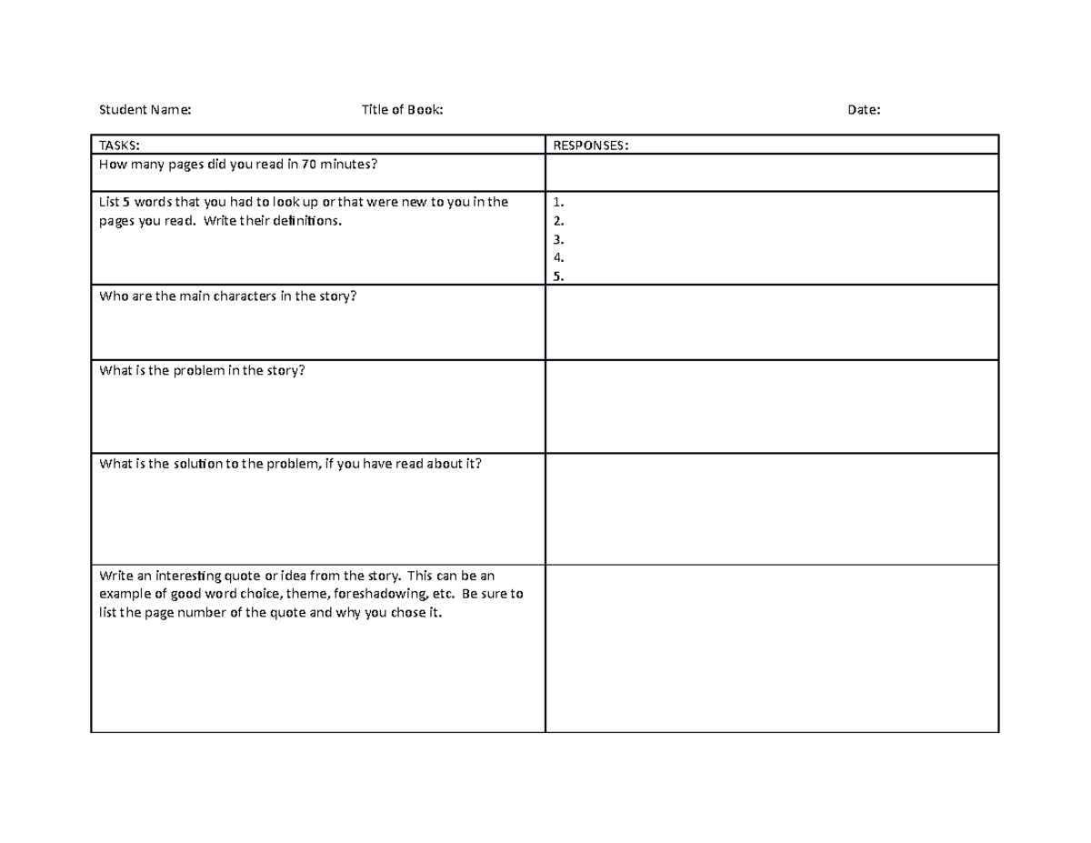 Independent Reading Logfor Middle School DEARtime Independent Reading ...