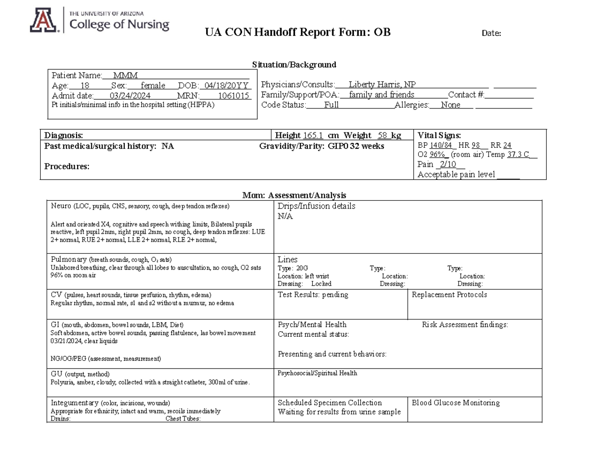 Hand off report template - UA CON Handoff Report Form: OB Date ...