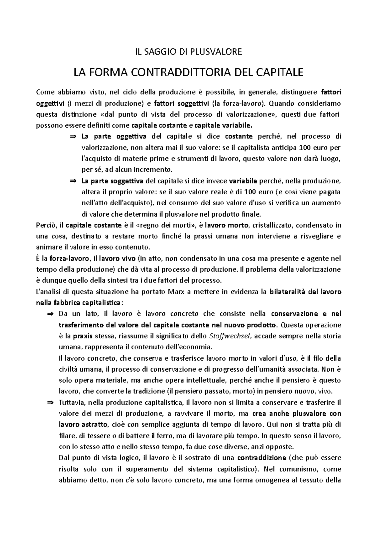 MARX Saggio DI Plusvalore IL SAGGIO DI PLUSVALORE LA FORMA