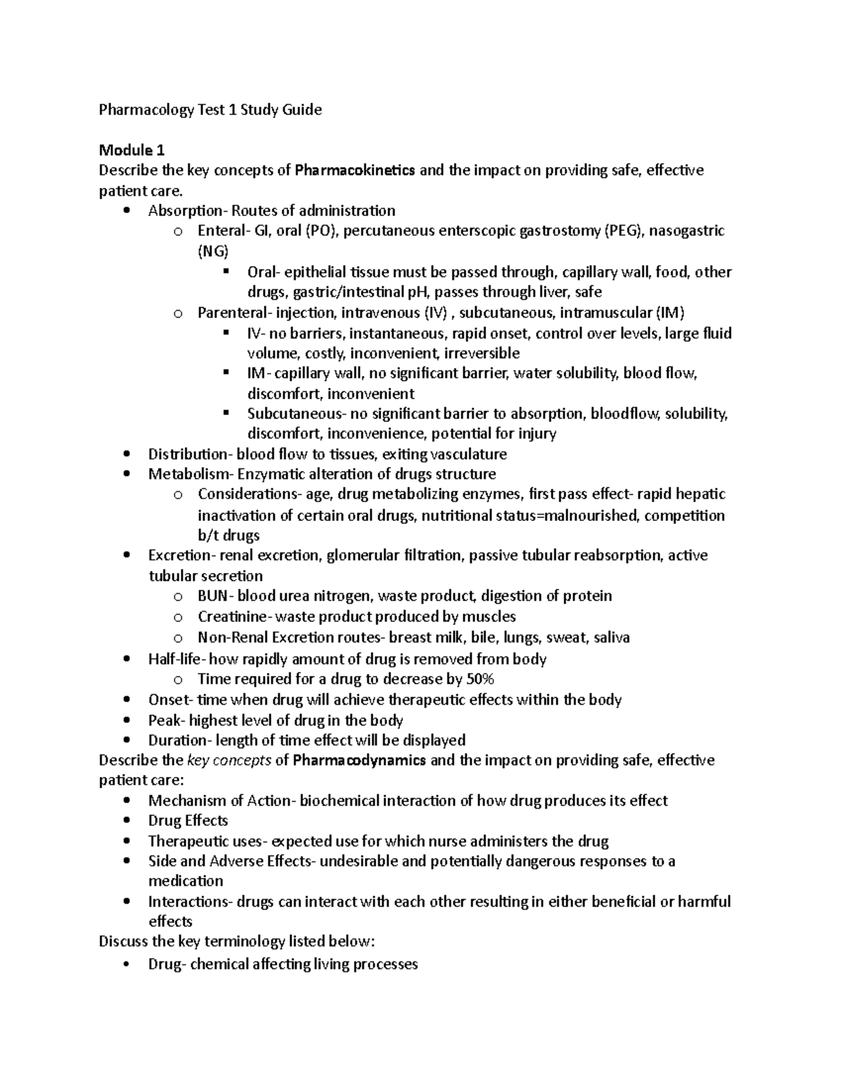 Test 1 Study Guide - Pharmacology Test 1 Study Guide Module 1 Describe ...