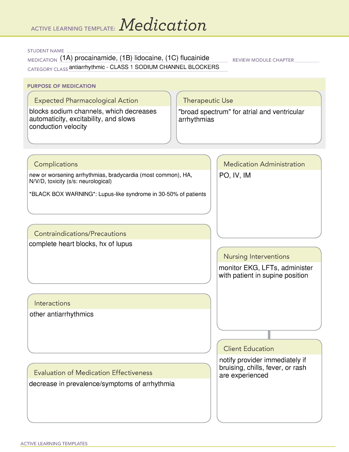 Medication Template Class 1antiarrhythmics - Active Learning Templates 