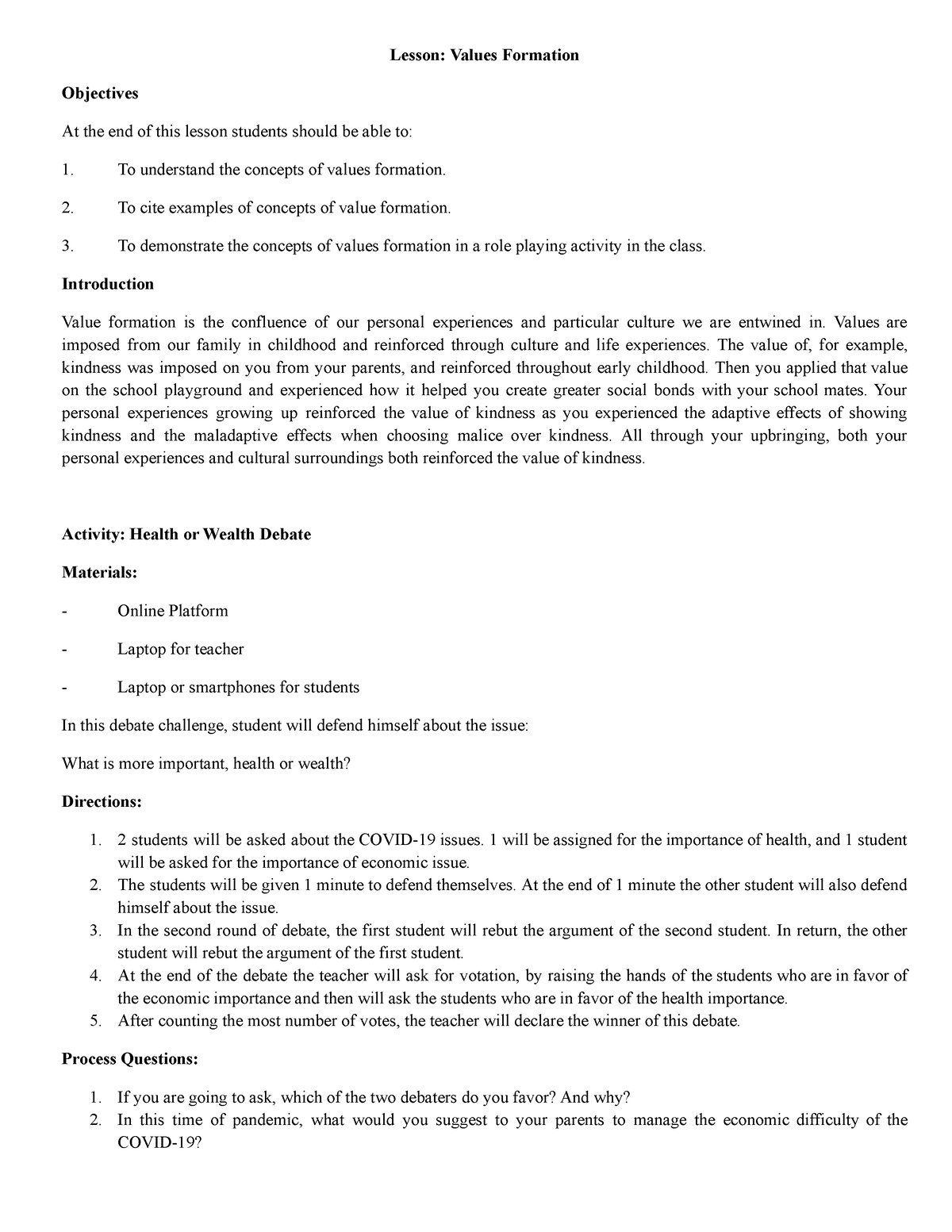 Reference For Module 3 Values Formation Lesson Values Formation