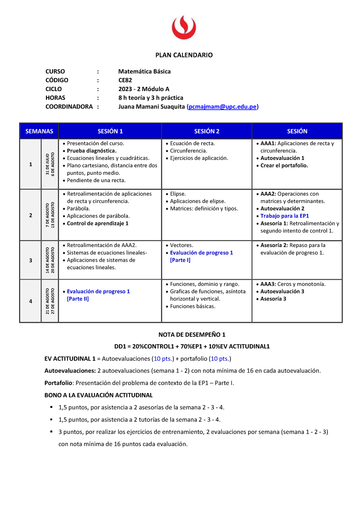 CE82 PLAN Calendario 2023 2 Modulo A - PLAN CALENDARIO CURSO : Matem ...