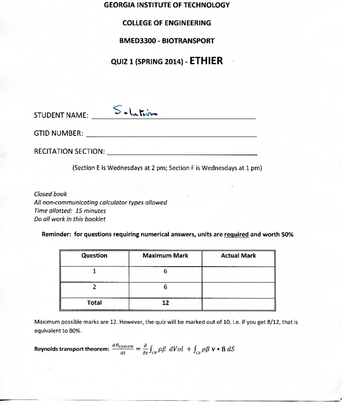 Quiz+1-Ethier+Solutions - BMED 3300 - Studocu