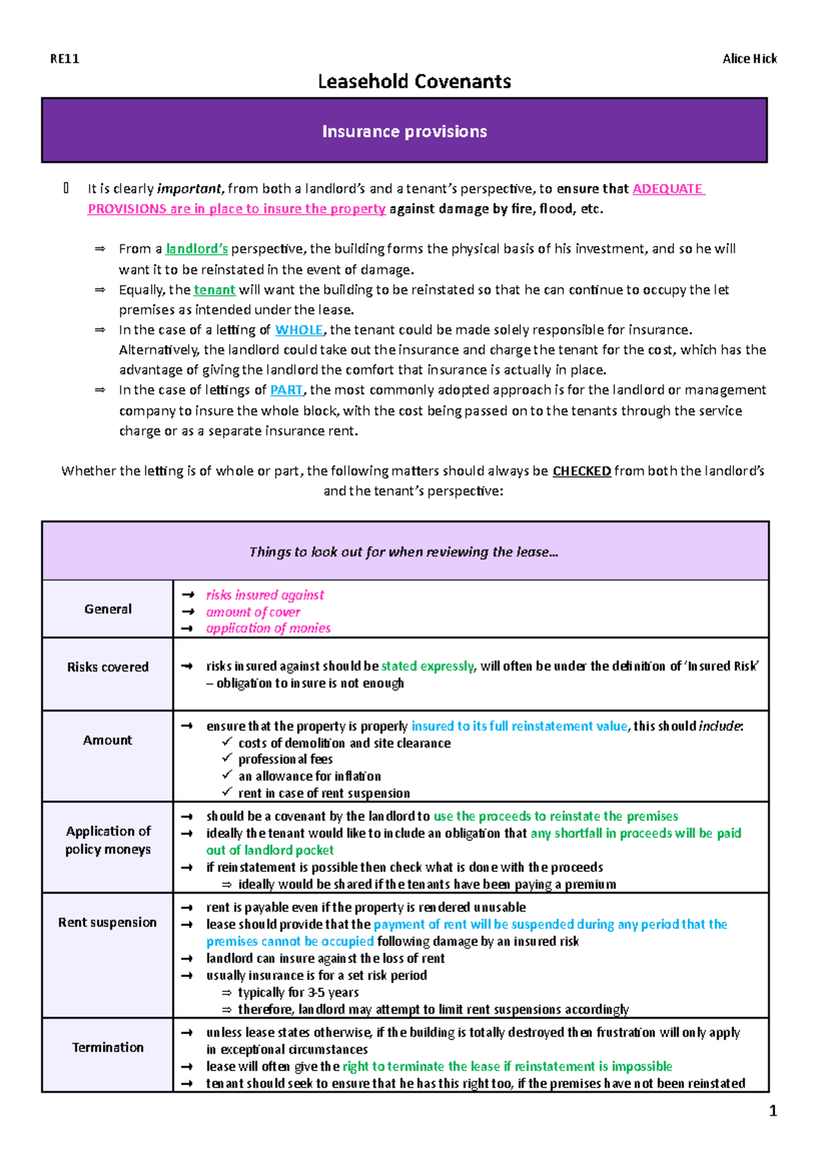 RE WS11 - workshop notes - Leasehold Covenants Insurance provisions It ...