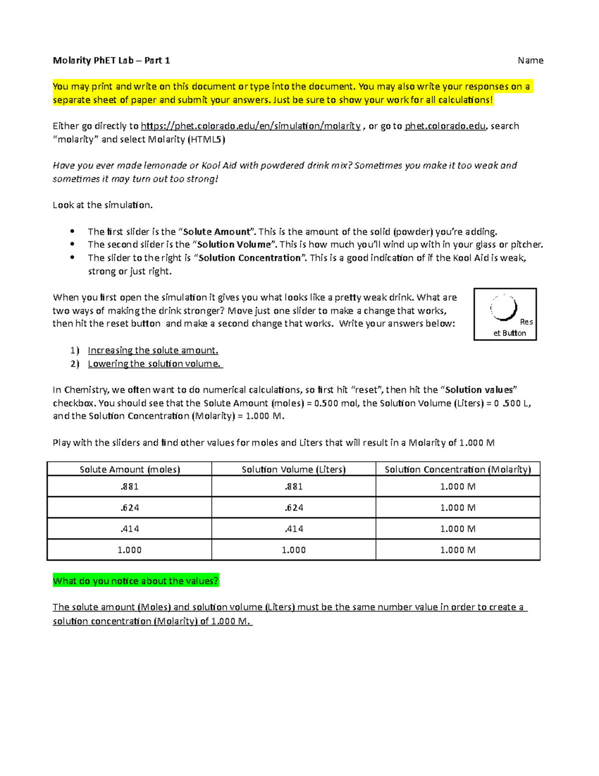 Solutions and Molarity Ph ET Simulation Lab - Molarity PhET Lab – Part