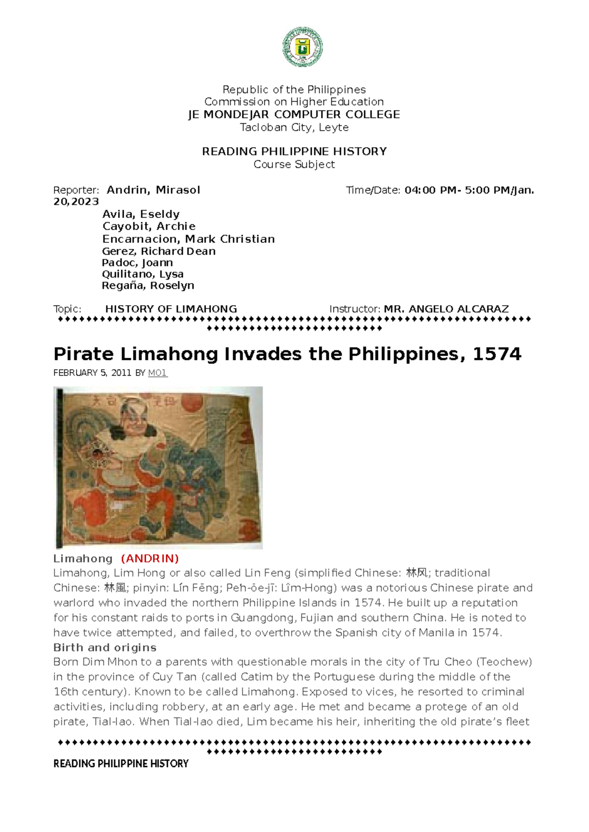 Reading Philippine History Report - Republic of the Philippines ...
