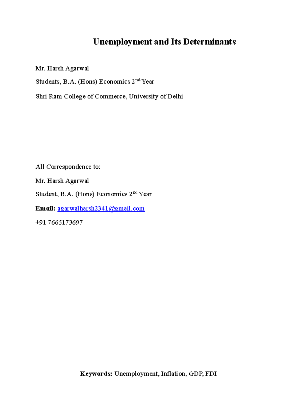 Unemployment and Its Determinants - Harsh Agarwal Students, B. (Hons ...