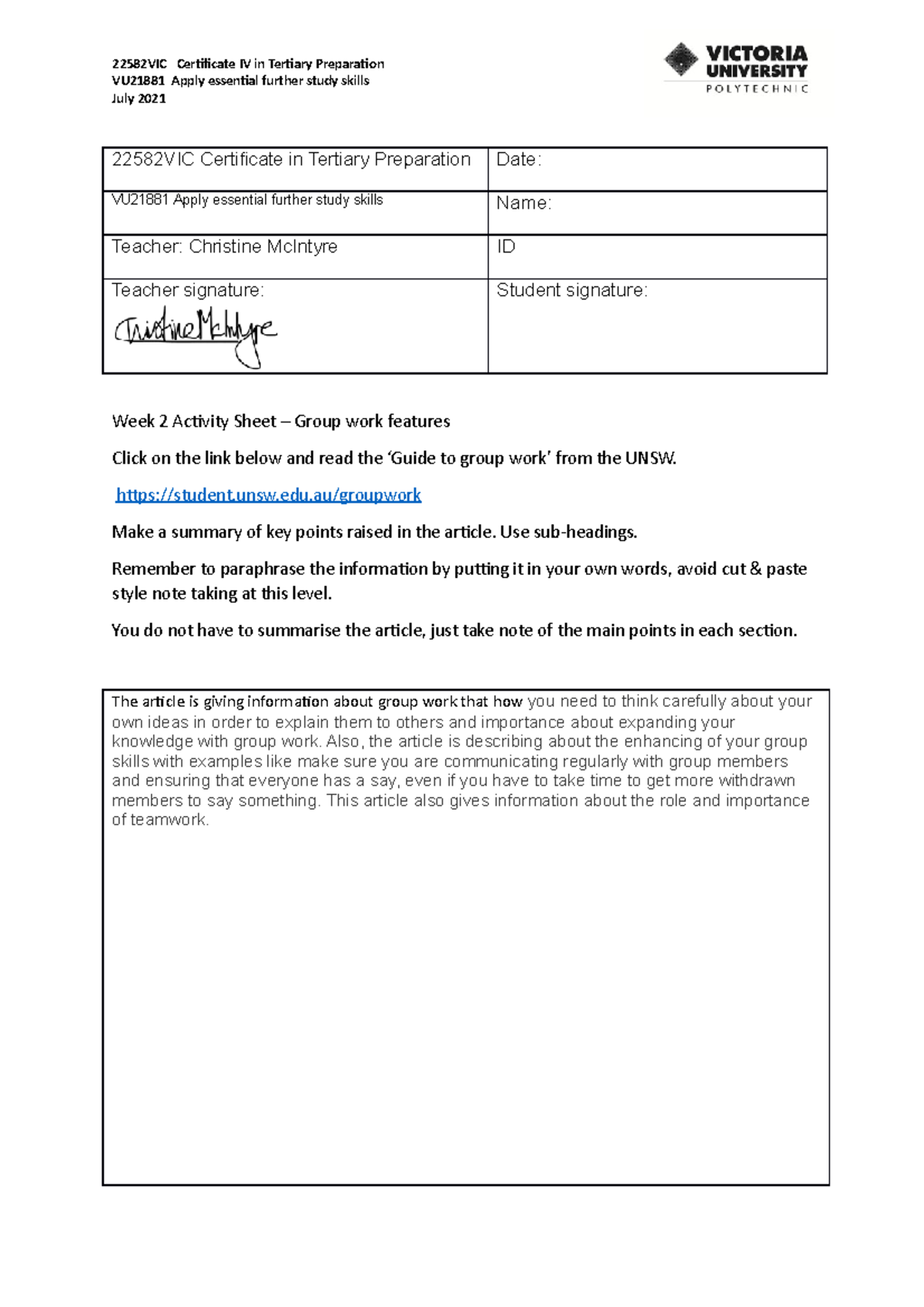 WK2 ACtivity Sheet Group work features 22582VIC Certificate IV in Tertiary Preparation