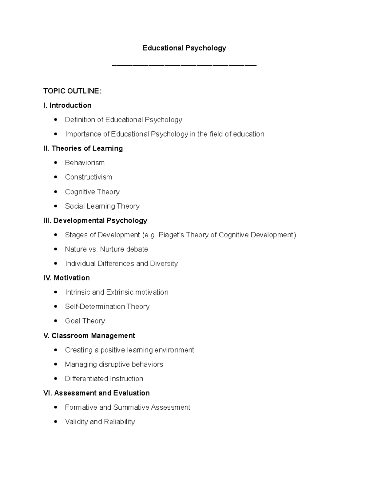 Educational Psychology - Educational Psychology TOPIC OUTLINE: I ...