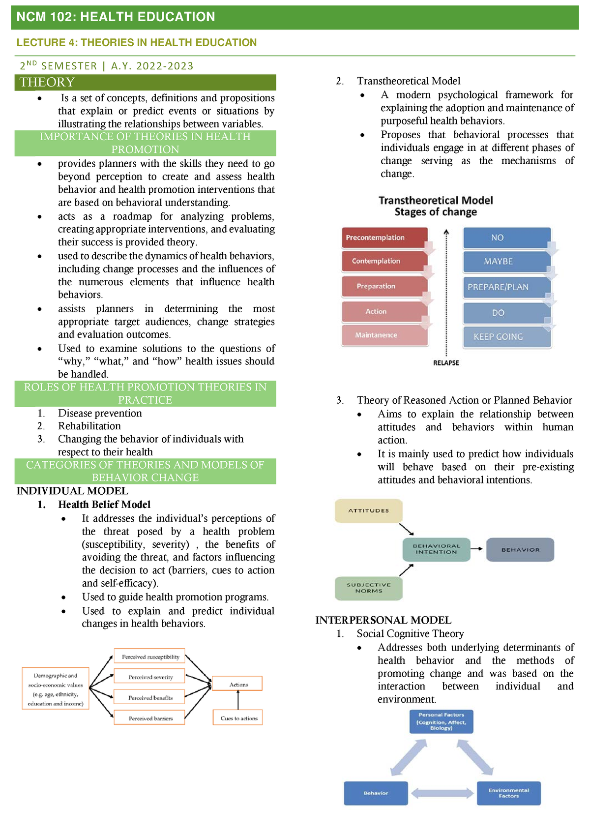 NCM 102 L4 - NCM 102: HEALTH EDUCATION LECTURE 4: THEORIES IN HEALTH ...