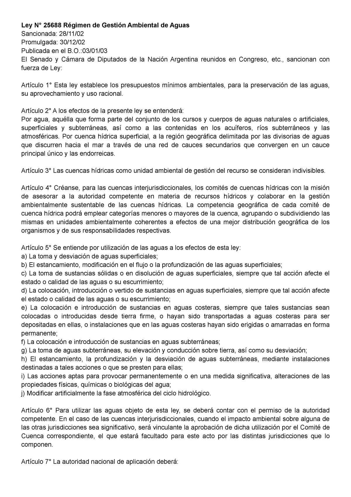 Ley 25688 Aguas - Ley N° 25688 Régimen de Gestión Ambiental de Aguas ...