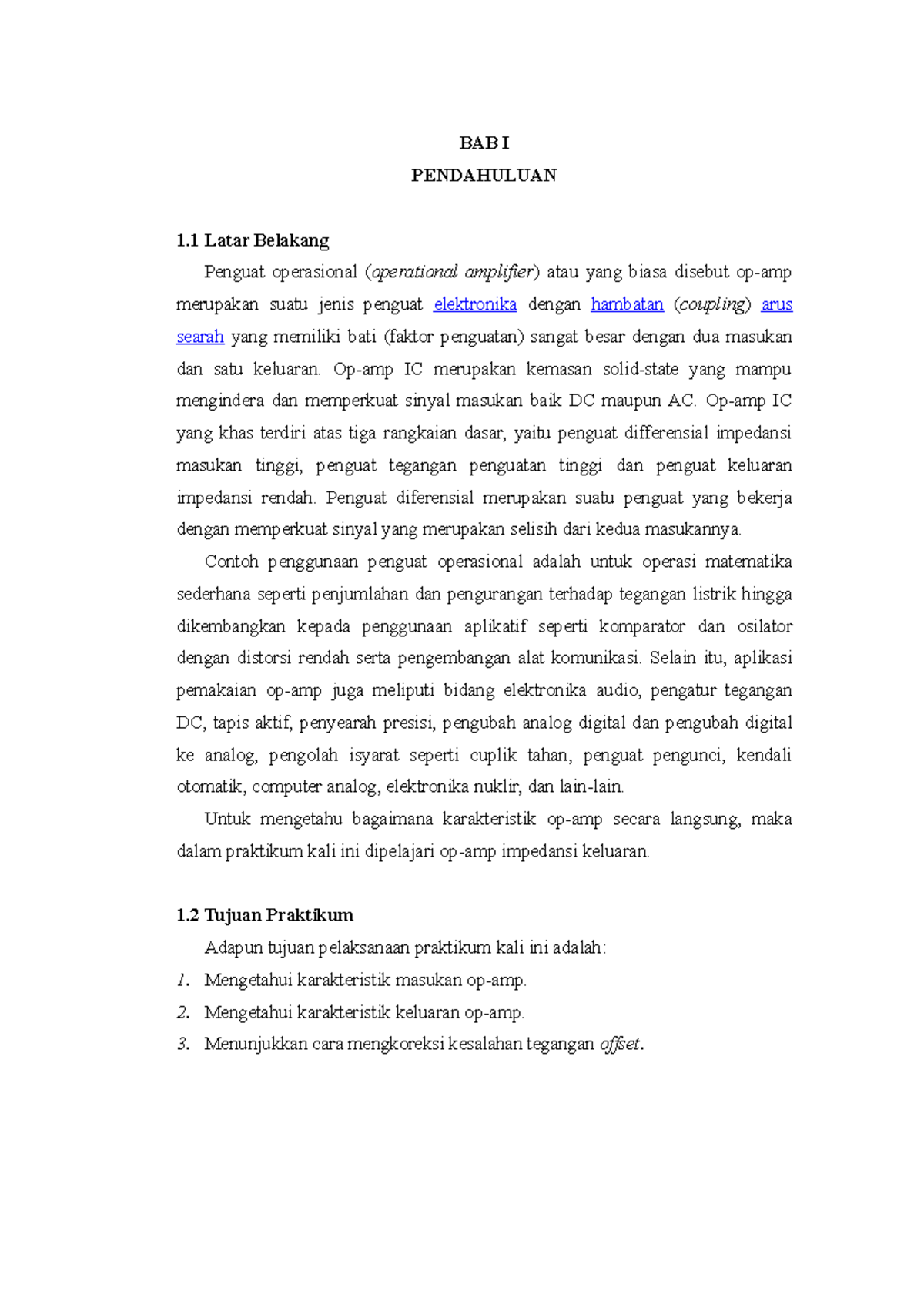 BAB I OP AMP(OPERATIONAL AMPLIFIER) - BAB I PENDAHULUAN 1 Latar ...