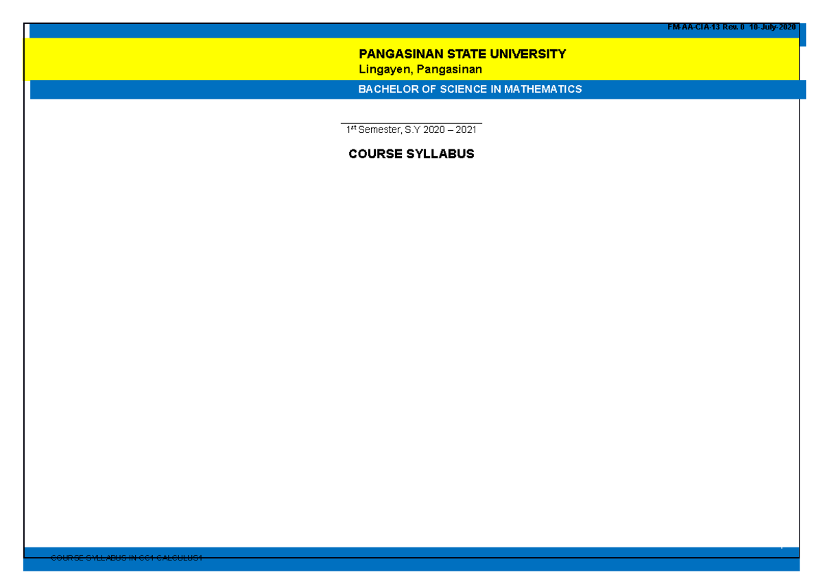 CC1 - Calculus 1 Course Syllabus - Calculus 1 - PangSU - Studocu