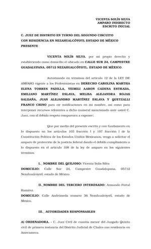 Amparo indirecto por sentencia interlocutoria - VICENTA SOLÍS SILVA AMPARO  INDIRECTO ESCRITO INICIAL - Studocu