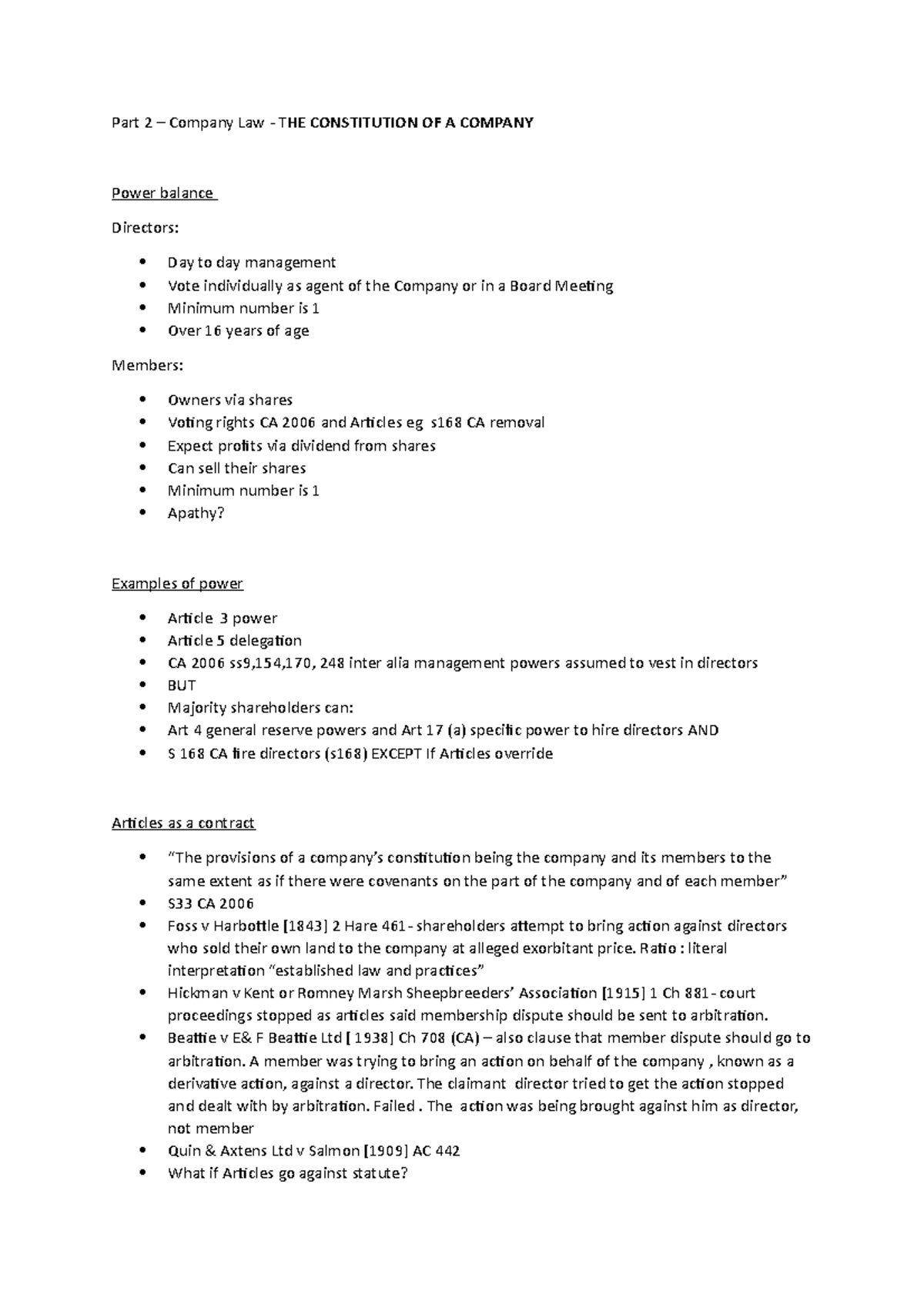 Lecture 2 Notes - Part 2 – Company Law - T HE CONSTITUTION OF A COMPANY ...