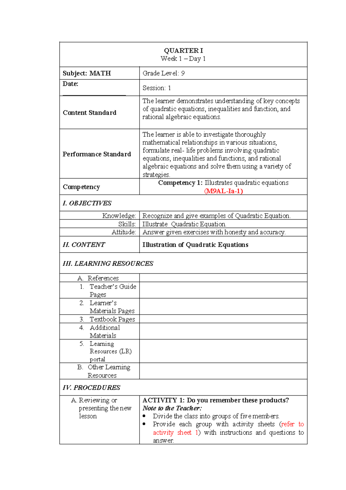 Q1W1D1 - DLP - QUARTER I Week 1 – Day 1 Subject: MATH Grade Level: 9 ...