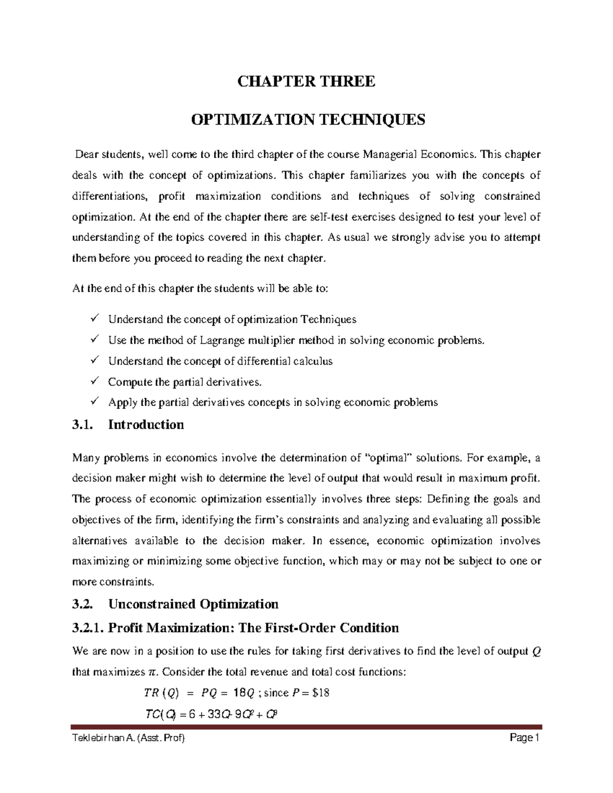 CH-3hand - CHAPTER THREE OPTIMIZATION TECHNIQUES Dear students, well ...