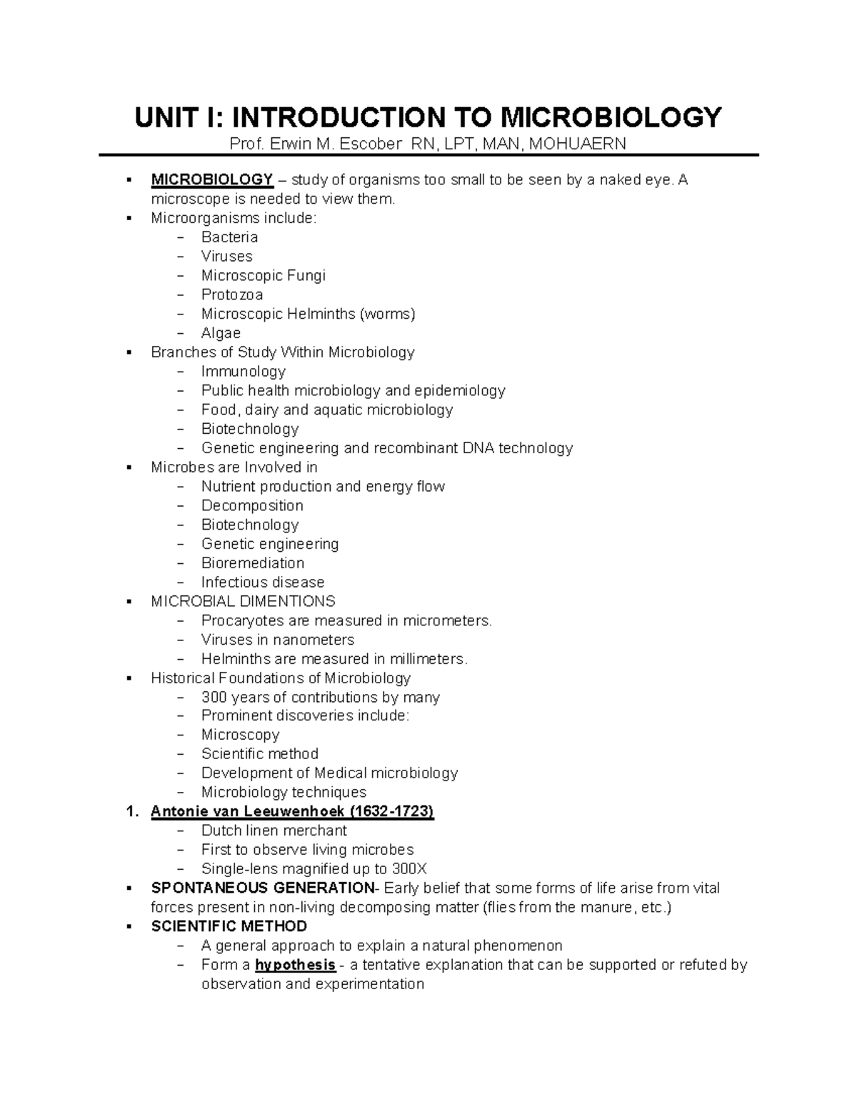 UNIT I Introduction TO Microbiology - UNIT I: INTRODUCTION TO ...