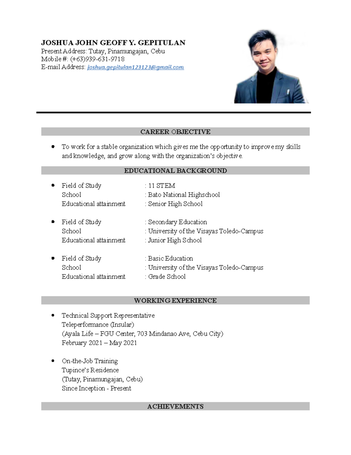 Resume-Gepitulan - Resumes. - JOSHUA JOHN GEOFF Y. GEPITULAN Present ...