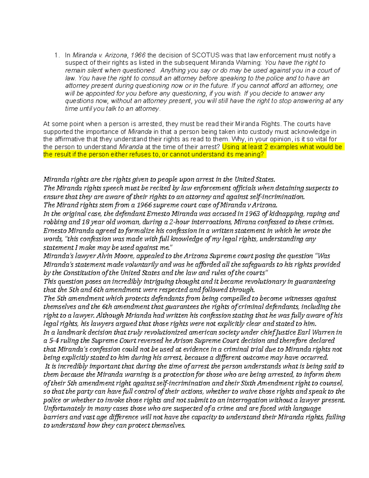 Political Science Miranda V. Arizona - In Miranda V. Arizona, 1966 The ...