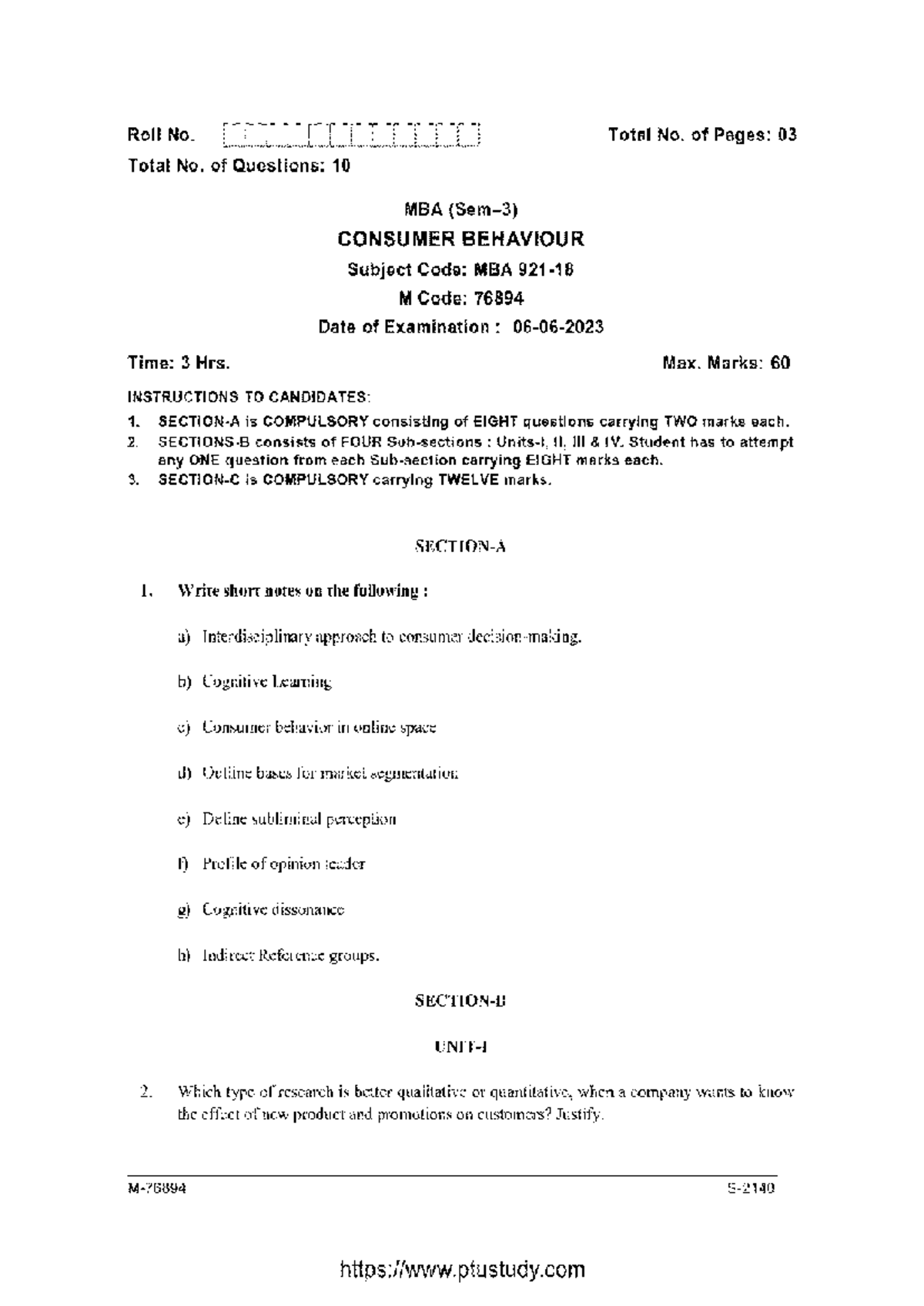 Mba 3 sem consumer behaviour 76894 jun 2023 - Roll No. Total No. of ...